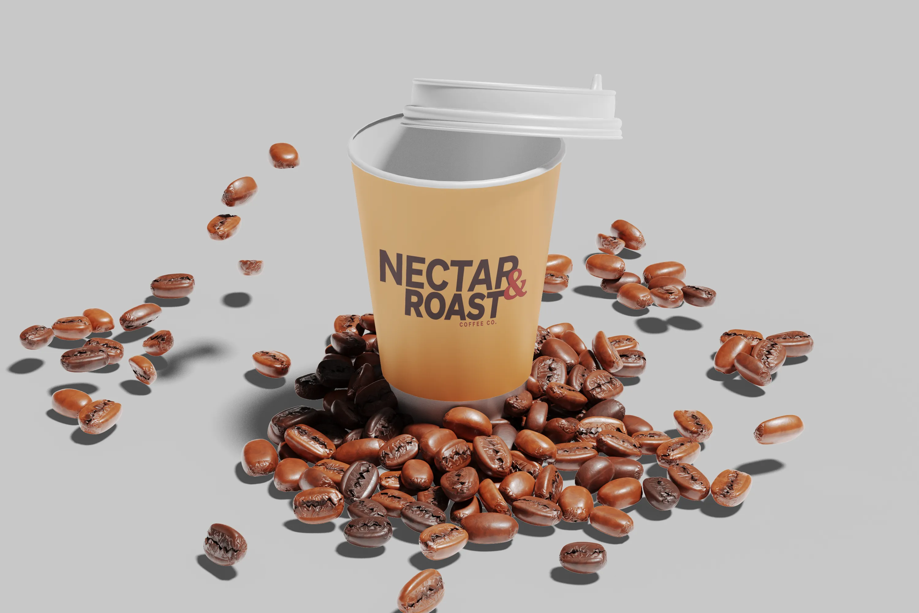 A Nectar & Roast takeaway cup in amber, standing in roasted beans