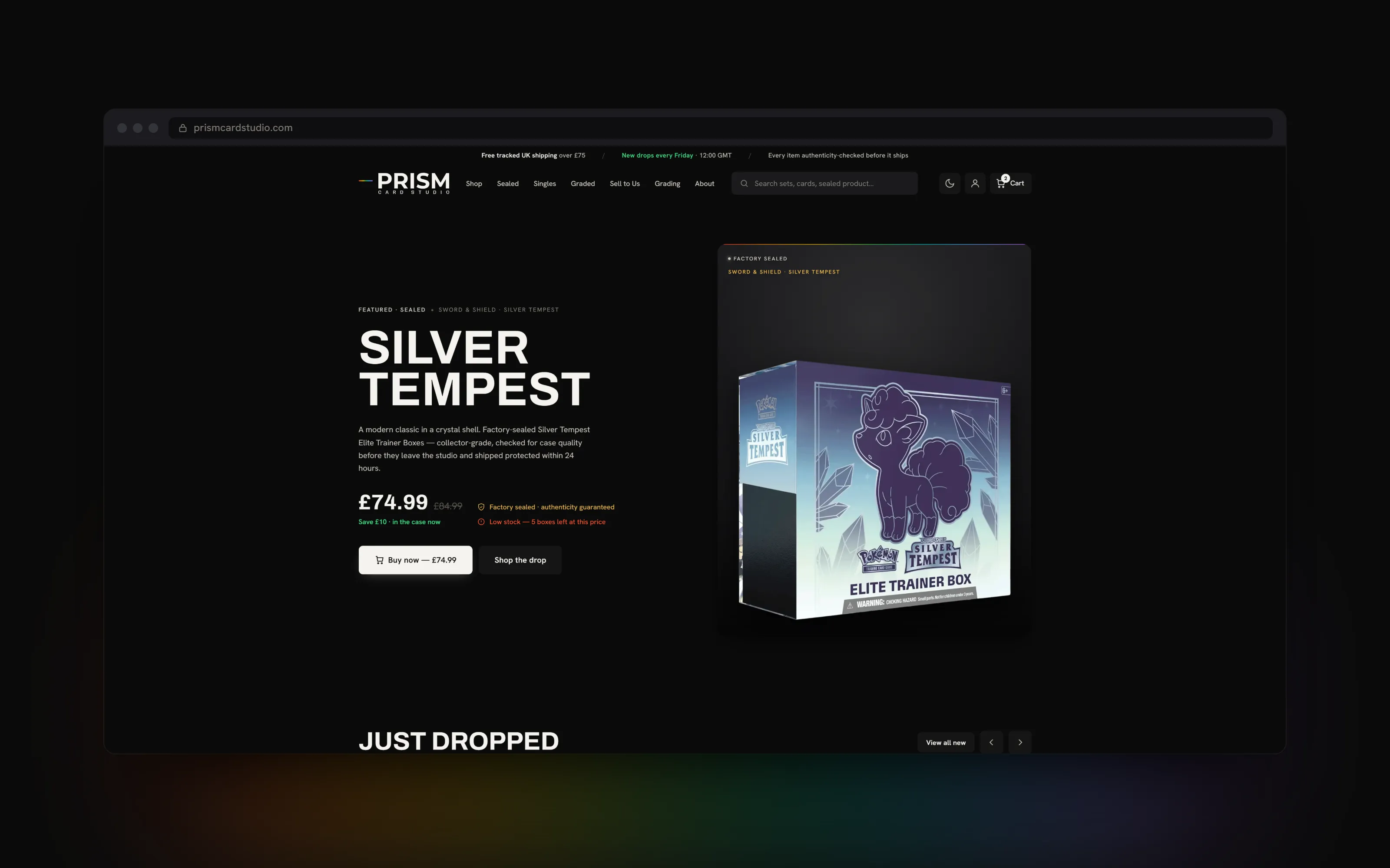 The Prism Card Studio homepage at full desktop width