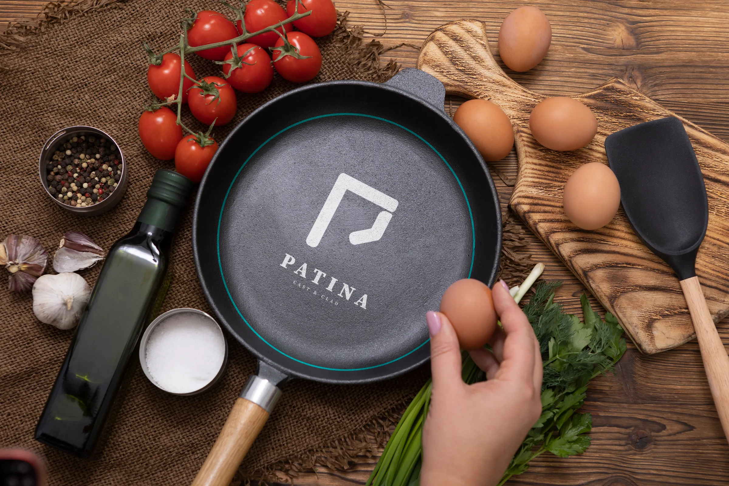 A Patina cast-iron skillet, the mark cast into the cooking face