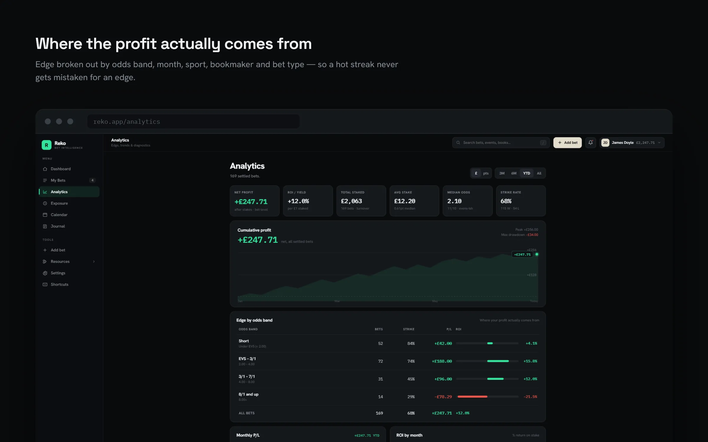 Reko analytics — profit broken out by odds band, month, sport and bookmaker