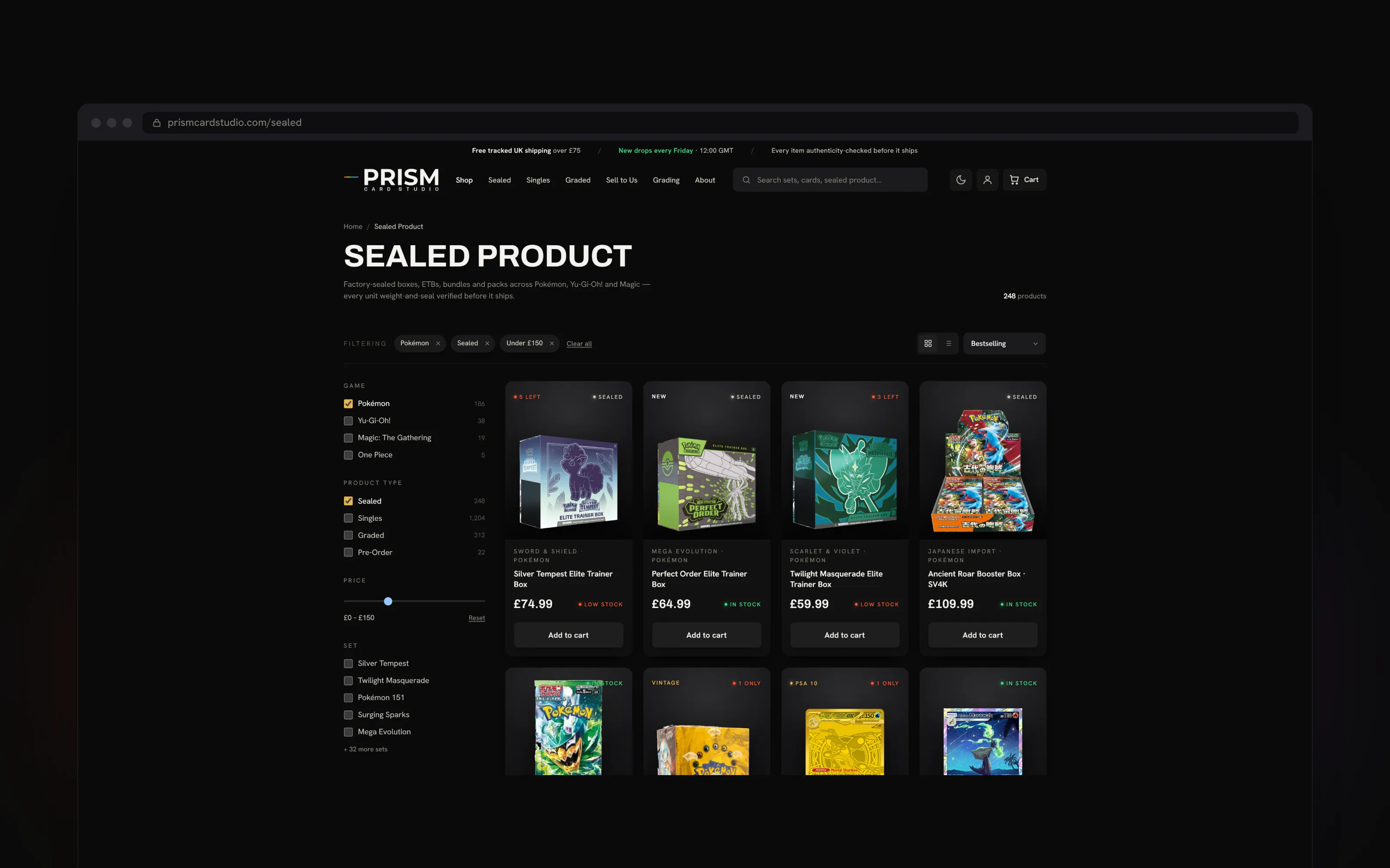 The Prism catalogue, filtered by set and grade