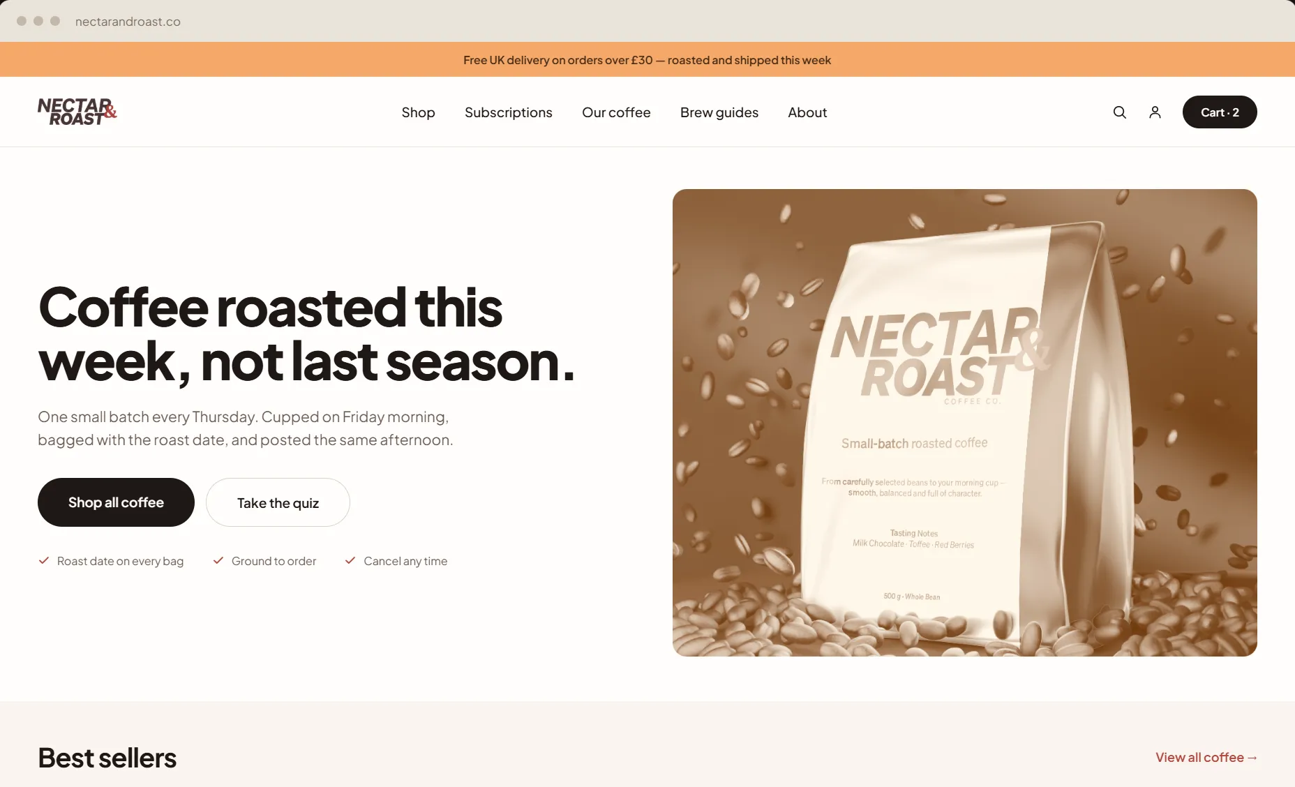 The Nectar & Roast homepage — Coffee roasted this week, not last season