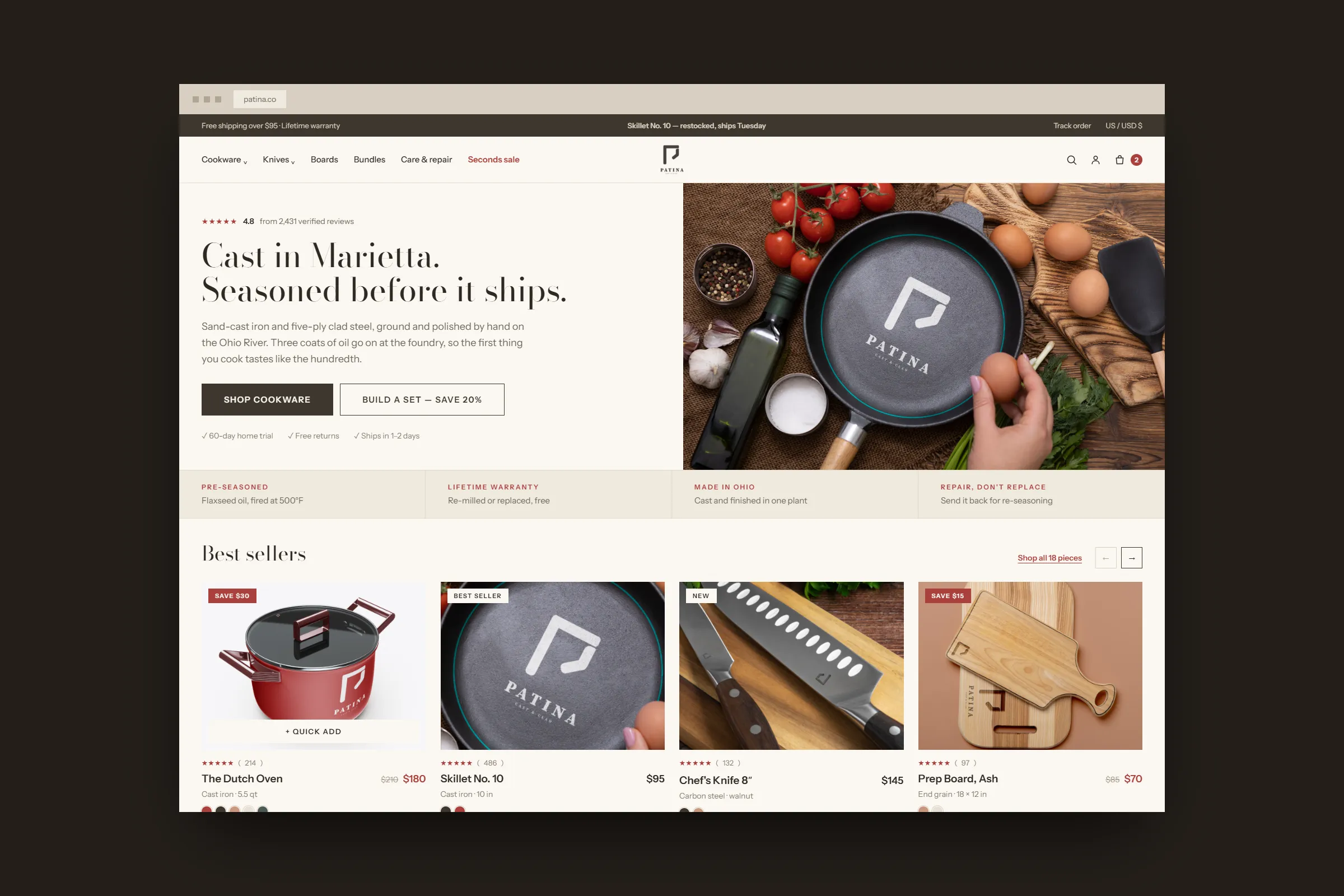 The Patina homepage — Cast in Marietta, seasoned before it ships