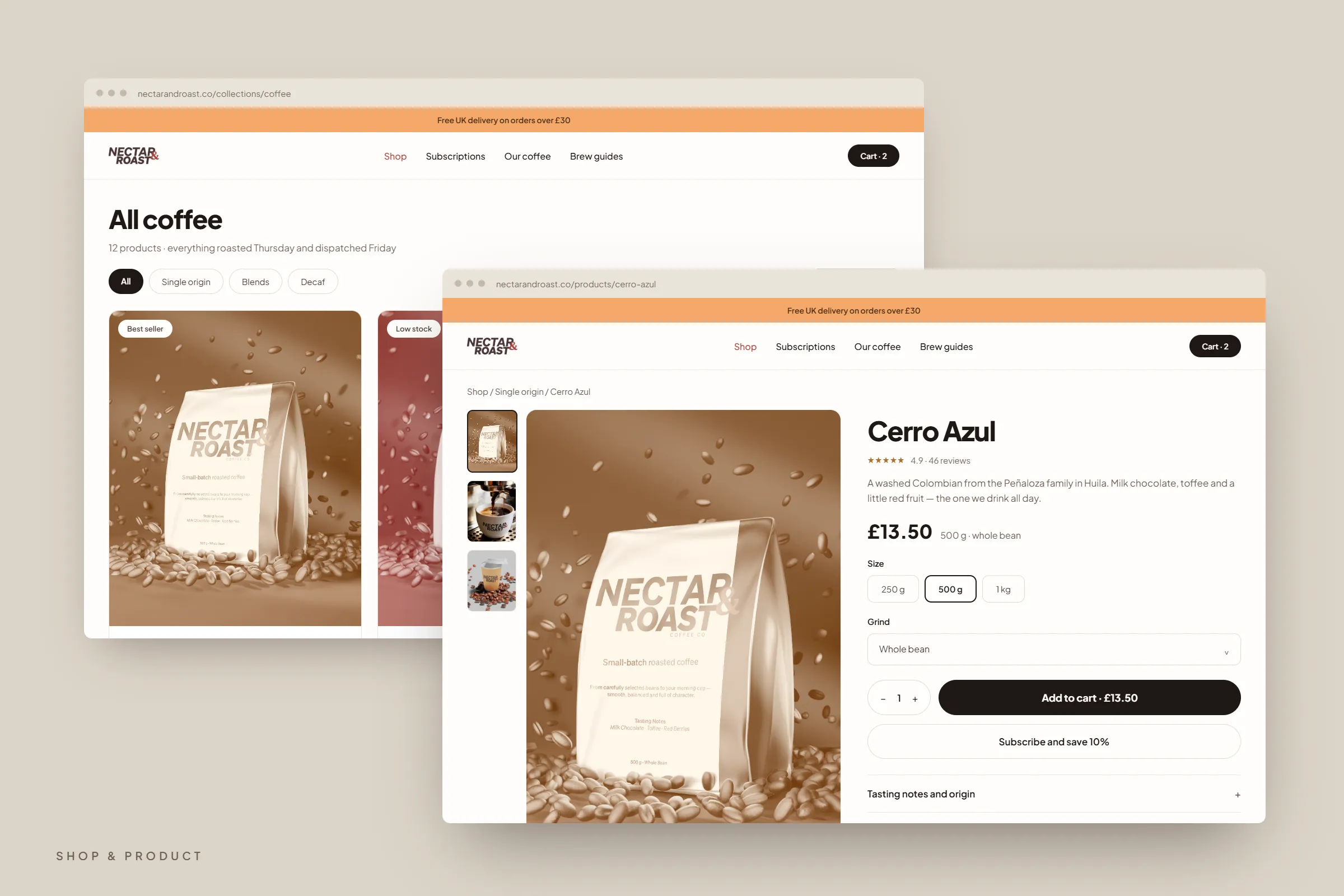 The Nectar & Roast catalogue and a single-origin product page