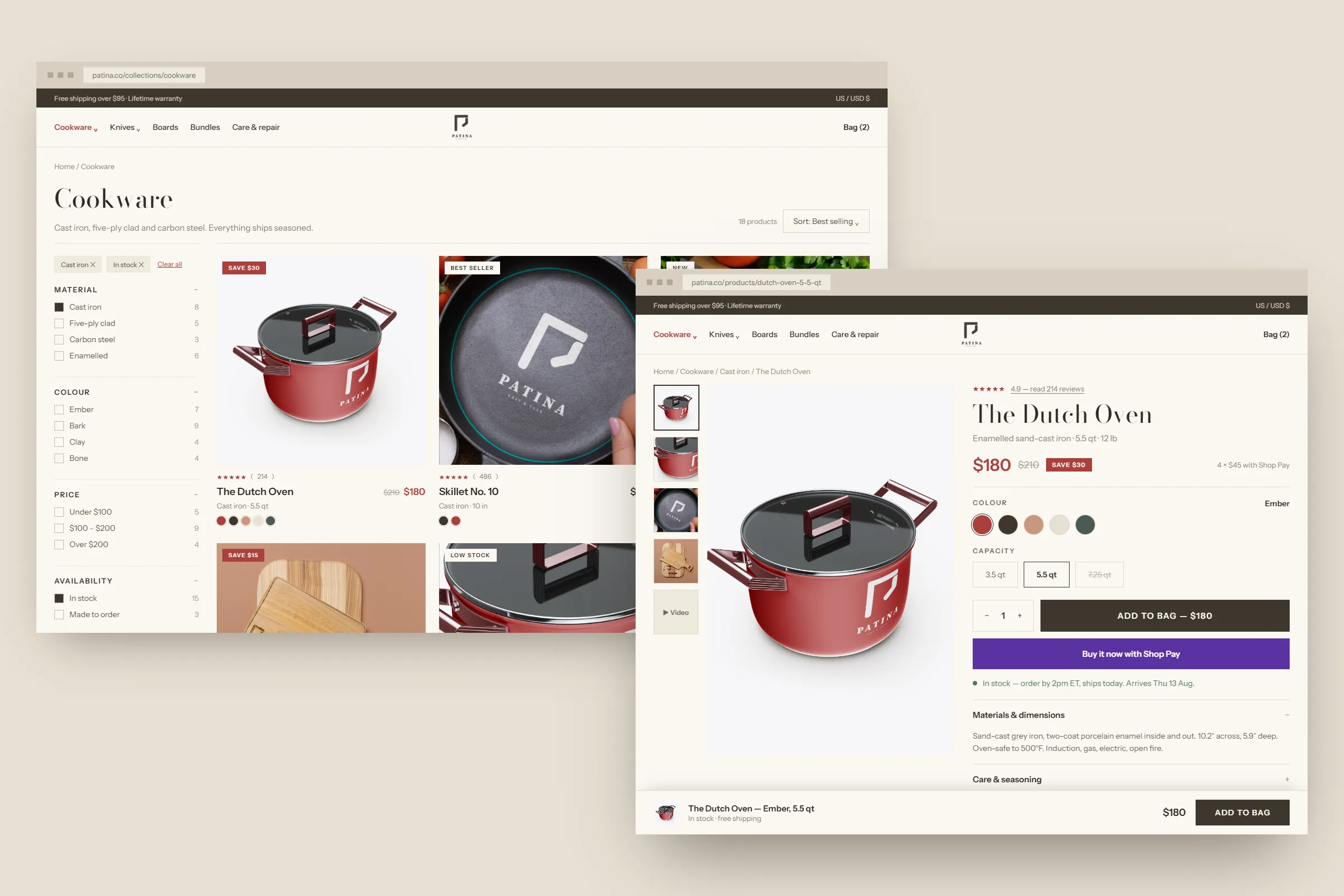 The Patina cookware collection with filters, and the Dutch Oven product page