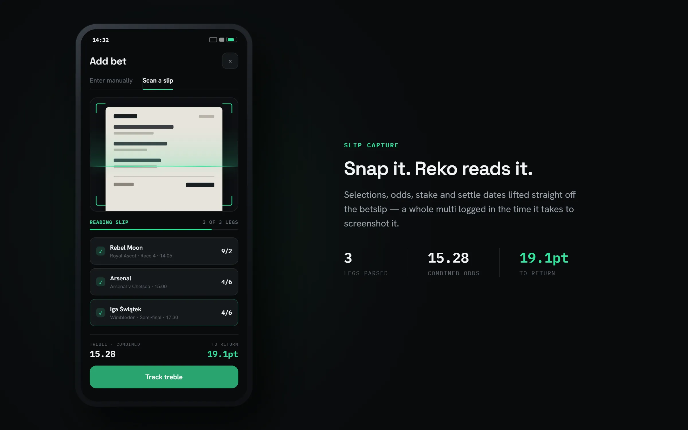 Reko slip capture — a photographed betslip being parsed into three legs