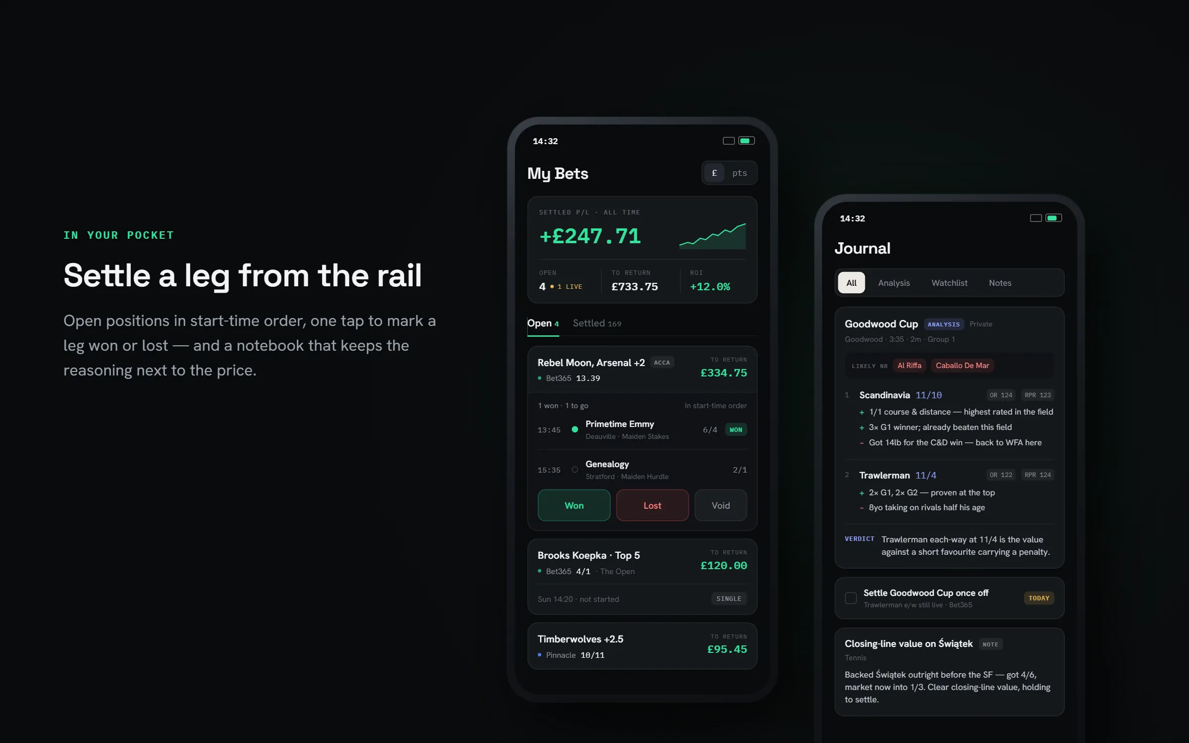 Reko on a phone — open positions in start-time order, and the journal