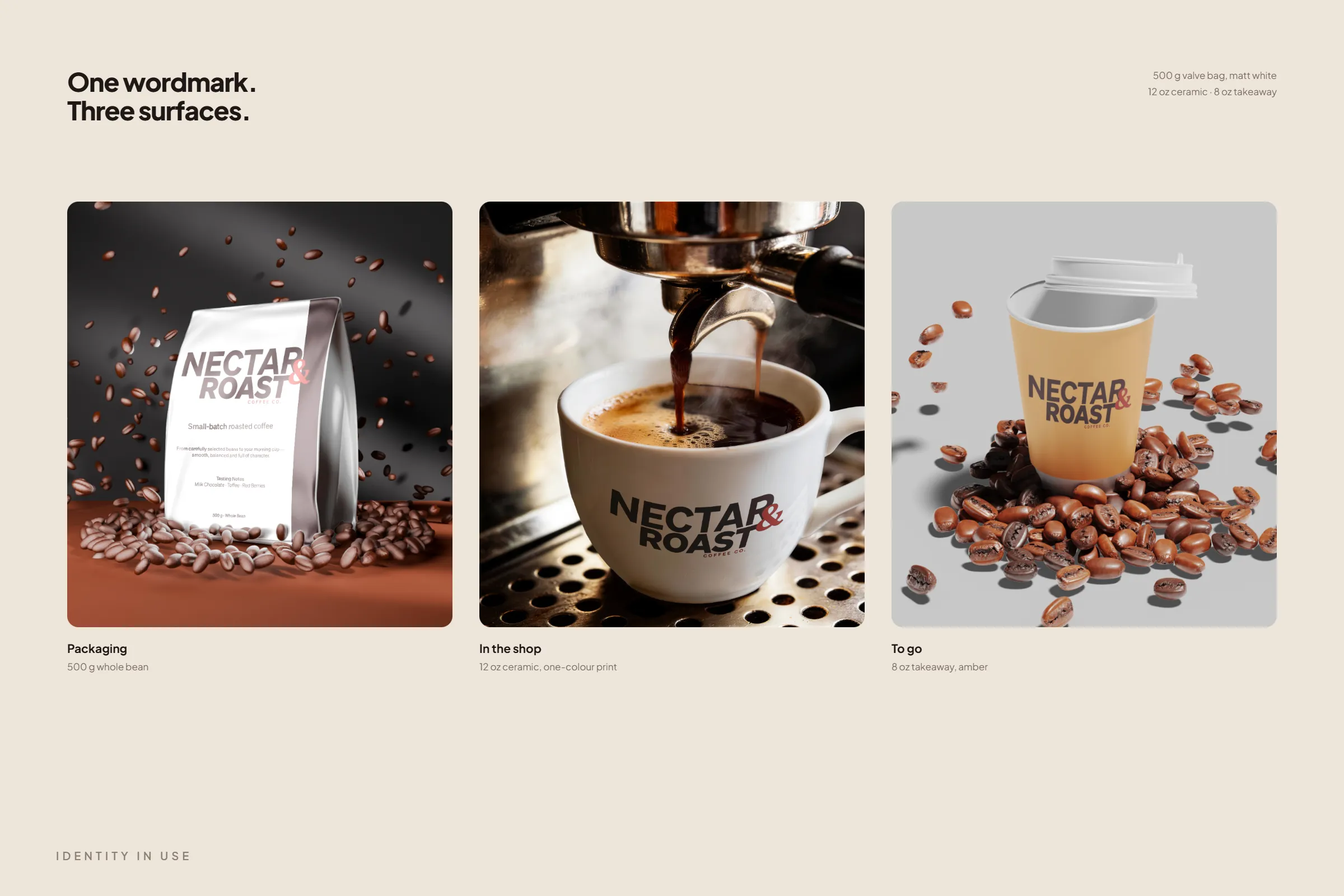 The wordmark on the bag, a 12oz ceramic cup and an 8oz takeaway cup