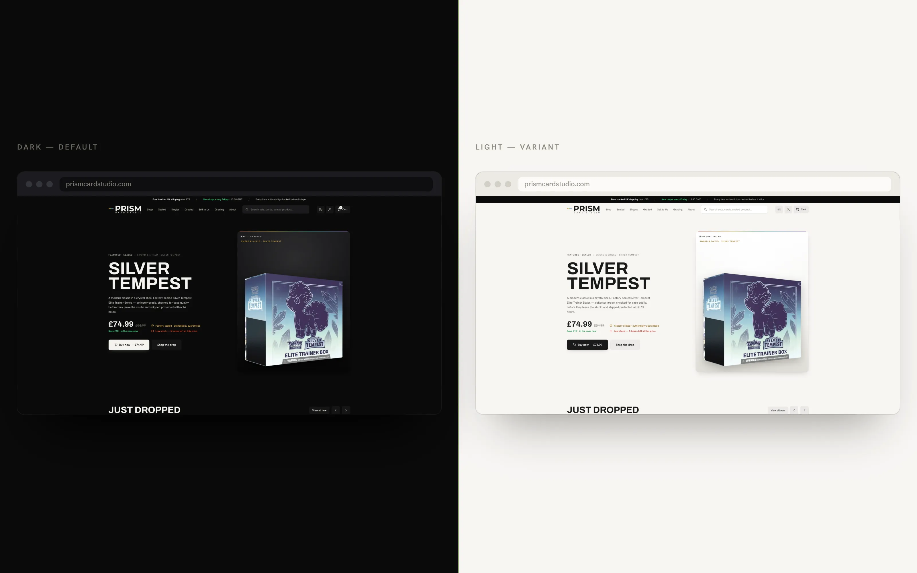 The Prism interface in its light and dark themes, side by side