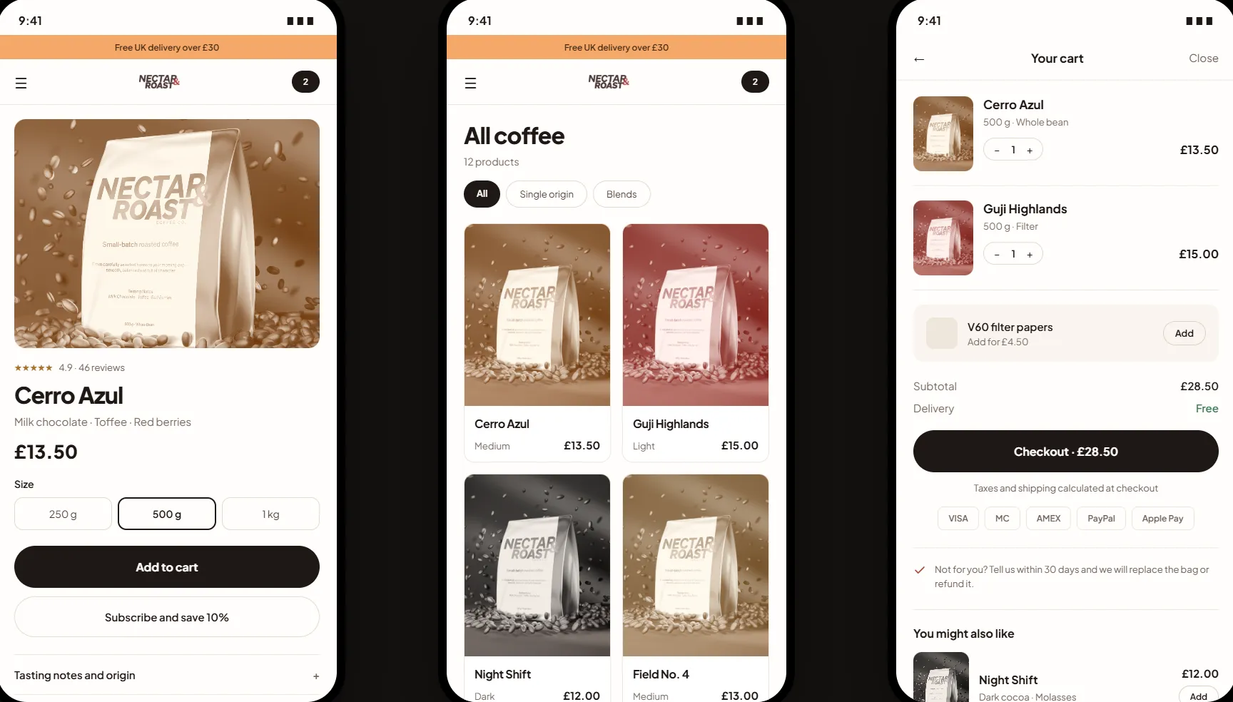 Nectar & Roast on a phone — shop, product and the brew guide
