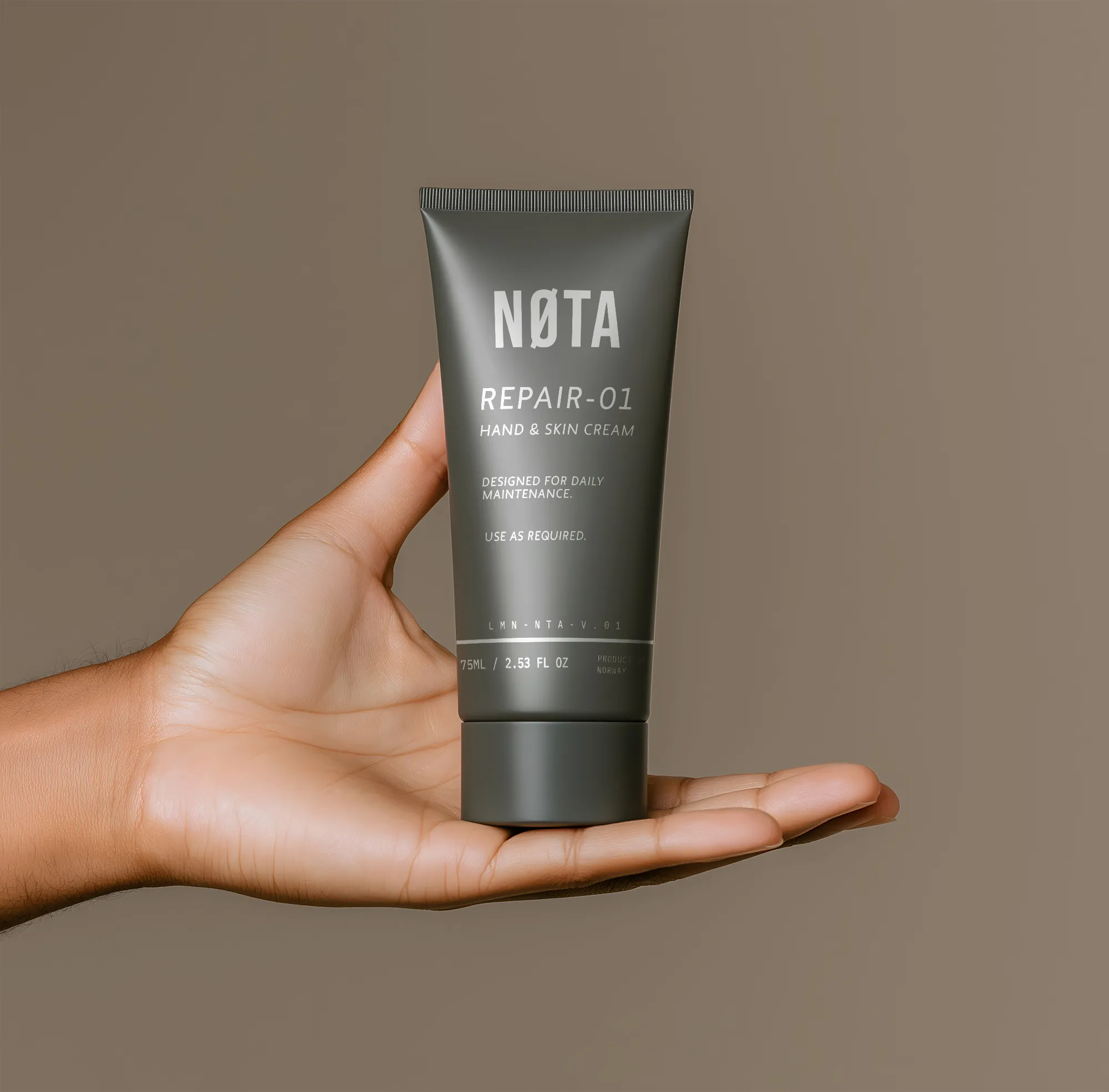 NØTA REPAIR-01 hand and skin cream, a matte grey tube