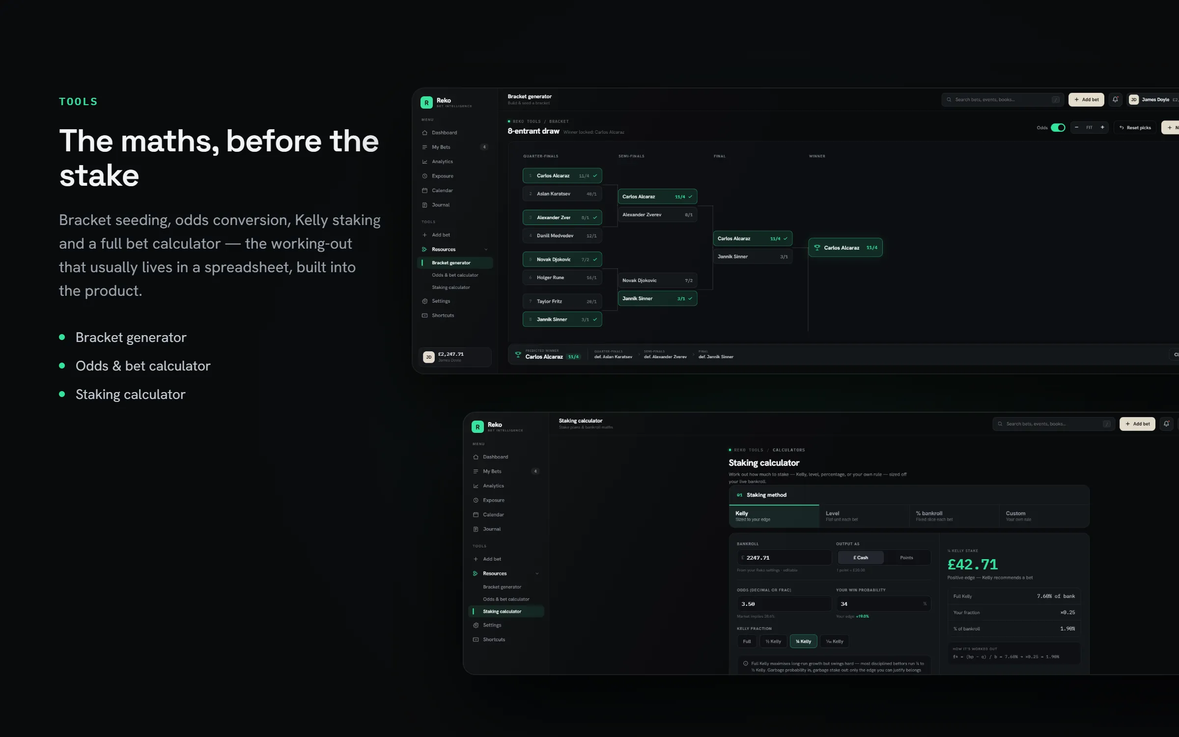 Reko tools — bracket generator and Kelly staking calculator