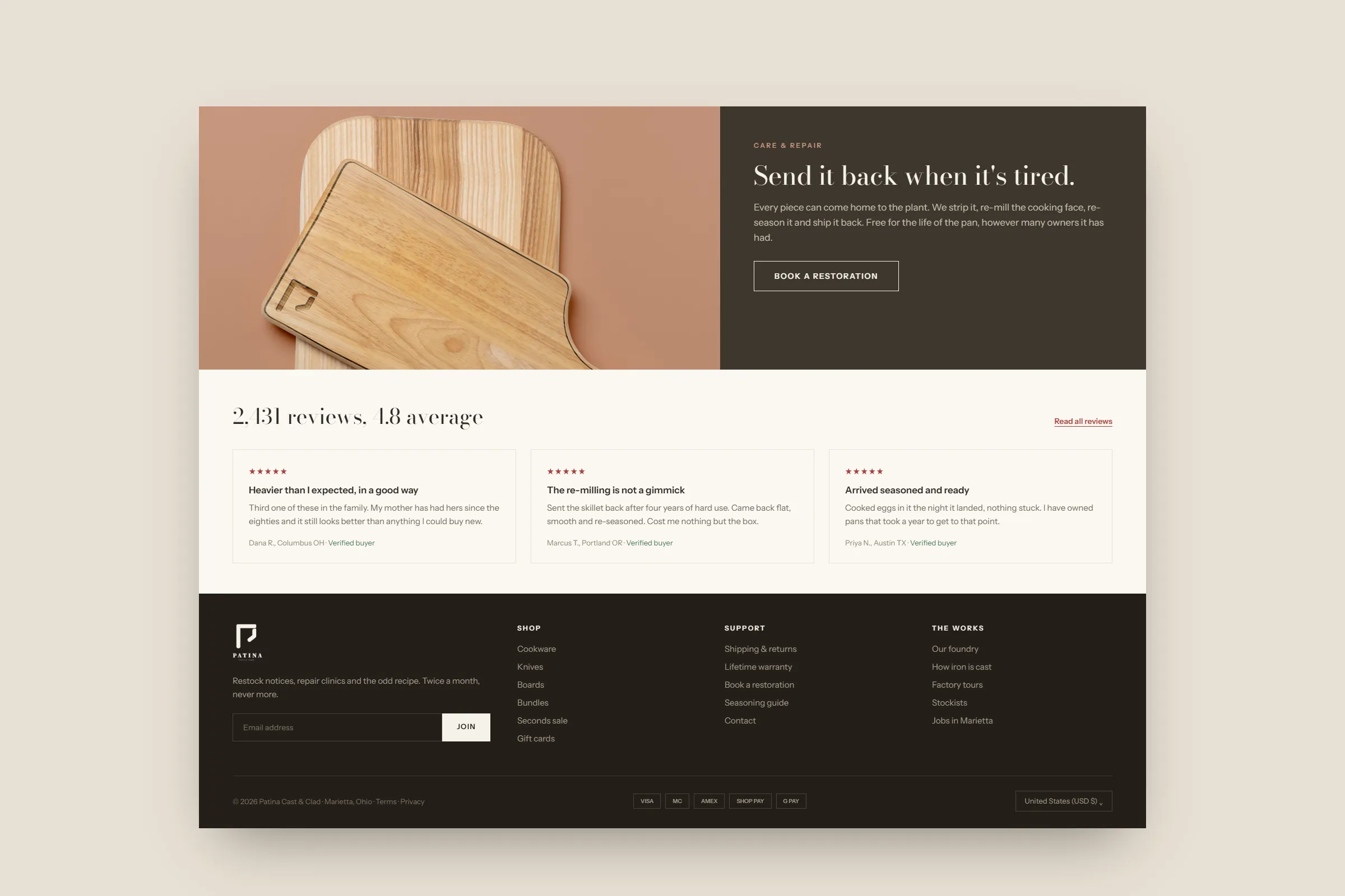 The care and repair band, the review wall and the Patina footer